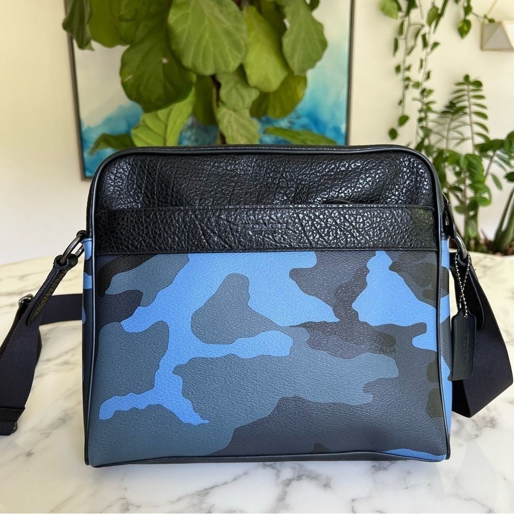 COACH CHARLES CAMERA BAG WITH CAMO PRINT F29052 Dusk Blue Black Multi Crossbody - Picture 2 of 16